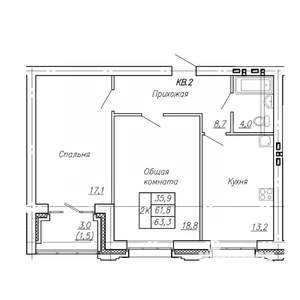 2-к квартира, строящийся дом, 63м2, 2/4 этаж