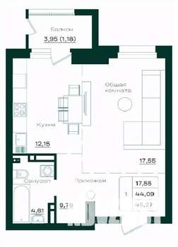 1-к квартира, строящийся дом, 45м2, 3/18 этаж