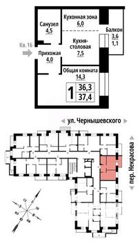 1-к квартира, строящийся дом, 37м2, 2/10 этаж