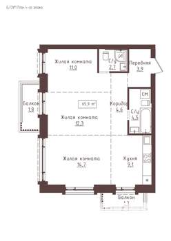 3-к квартира, строящийся дом, 66м2, 4/23 этаж