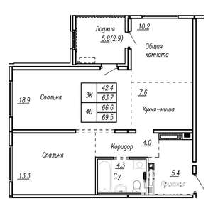3-к квартира, строящийся дом, 67м2, 12/22 этаж