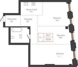 3-к квартира, строящийся дом, 84м2, 5/27 этаж