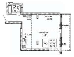 2-к квартира, строящийся дом, 48м2, 3/9 этаж