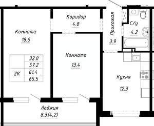 2-к квартира, строящийся дом, 61м2, 8/10 этаж