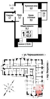 1-к квартира, строящийся дом, 42м2, 2/10 этаж