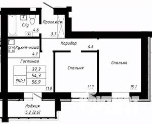 3-к квартира, строящийся дом, 57м2, 1/10 этаж