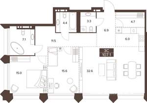 3-к квартира, вторичка, 107м2, 6/16 этаж