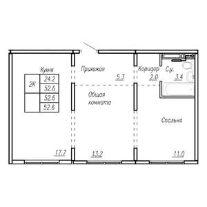 2-к квартира, строящийся дом, 53м2, 2/17 этаж