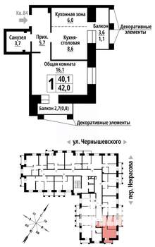 1-к квартира, строящийся дом, 42м2, 8/10 этаж