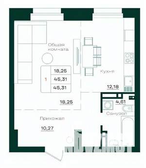 1-к квартира, строящийся дом, 46м2, 2/18 этаж