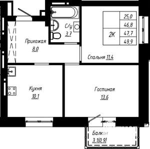 2-к квартира, строящийся дом, 48м2, 15/16 этаж