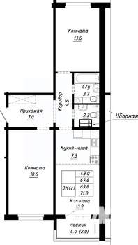 3-к квартира, строящийся дом, 70м2, 7/10 этаж
