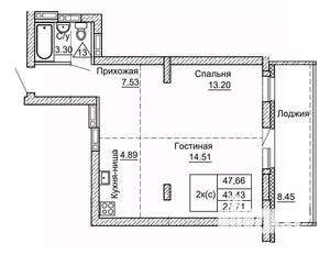 2-к квартира, строящийся дом, 48м2, 3/9 этаж