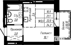 1-к квартира, строящийся дом, 22м2, 15/16 этаж