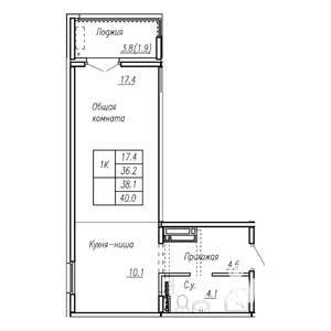 1-к квартира, строящийся дом, 38м2, 15/17 этаж