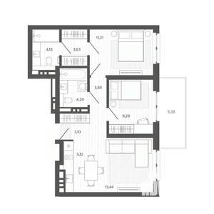 3-к квартира, строящийся дом, 63м2, 3/9 этаж