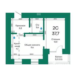 2-к квартира, строящийся дом, 38м2, 9/10 этаж