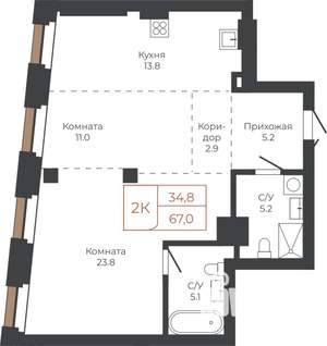 2-к квартира, строящийся дом, 67м2, 5/27 этаж