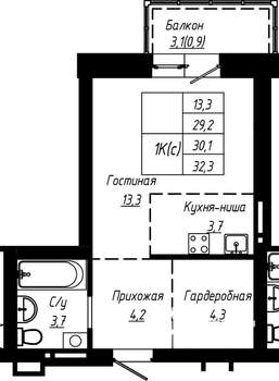 1-к квартира, строящийся дом, 30м2, 13/16 этаж