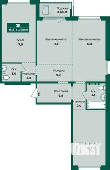 3-к квартира, строящийся дом, 89м2, 10/12 этаж