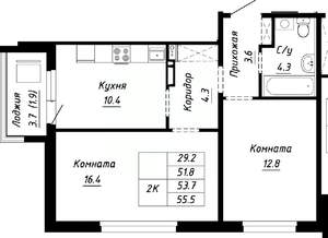 2-к квартира, строящийся дом, 54м2, 8/10 этаж
