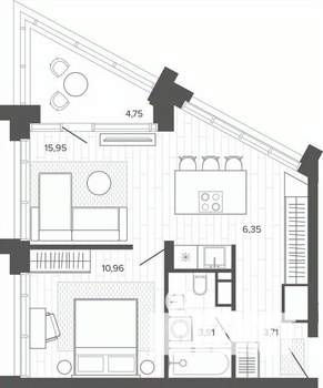 1-к квартира, строящийся дом, 45м2, 5/19 этаж