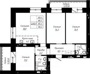 4-к квартира, строящийся дом, 85м2, 9/9 этаж