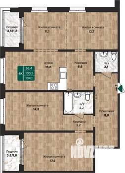4-к квартира, строящийся дом, 104м2, 1/17 этаж