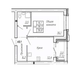 1-к квартира, строящийся дом, 40м2, 1/4 этаж