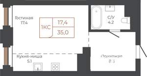 1-к квартира, строящийся дом, 35м2, 18/27 этаж