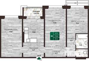 3-к квартира, строящийся дом, 82м2, 4/16 этаж