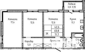 3-к квартира, строящийся дом, 72м2, 14/17 этаж