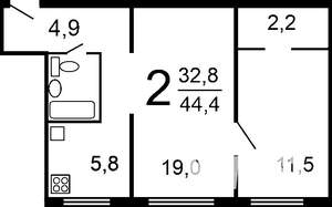 2-к квартира, вторичка, 45м2, 1/9 этаж