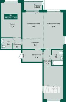 3-к квартира, строящийся дом, 89м2, 1/12 этаж
