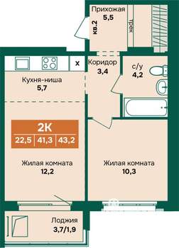 2-к квартира, вторичка, 43м2, 2/17 этаж