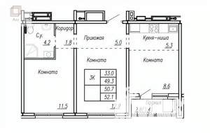2-к квартира, сданный дом, 52м2, 6/16 этаж