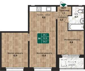 3-к квартира, строящийся дом, 55м2, 16/17 этаж