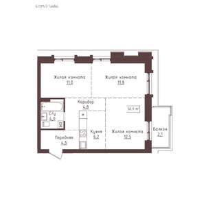 3-к квартира, строящийся дом, 57м2, 6/23 этаж
