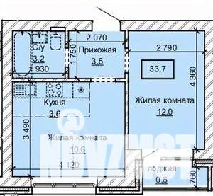 2-к квартира, строящийся дом, 34м2, 9/10 этаж