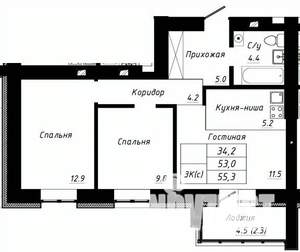 3-к квартира, строящийся дом, 55м2, 1/10 этаж