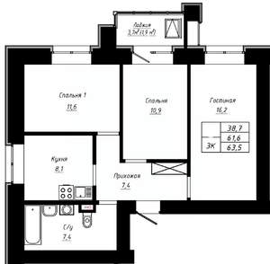 3-к квартира, вторичка, 64м2, 15/16 этаж