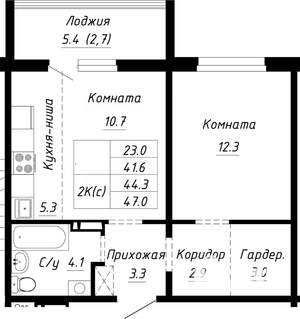 2-к квартира, строящийся дом, 44м2, 6/10 этаж
