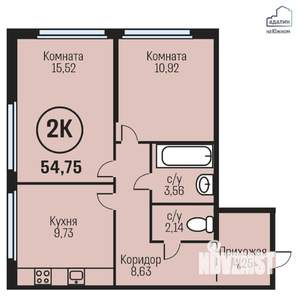 2-к квартира, строящийся дом, 55м2, 17/24 этаж