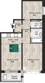 3-к квартира, строящийся дом, 53м2, 9/12 этаж