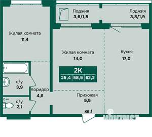 2-к квартира, строящийся дом, 62м2, 12/12 этаж