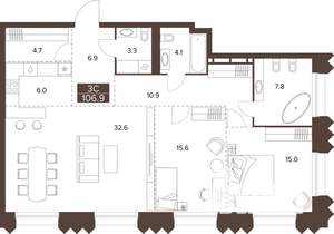 3-к квартира, вторичка, 107м2, 3/16 этаж
