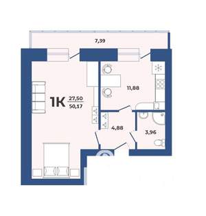 1-к квартира, строящийся дом, 50м2, 4/9 этаж