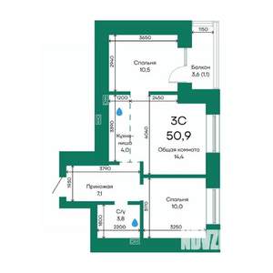 3-к квартира, строящийся дом, 51м2, 10/10 этаж
