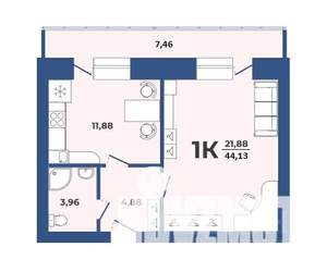 1-к квартира, строящийся дом, 44м2, 5/9 этаж