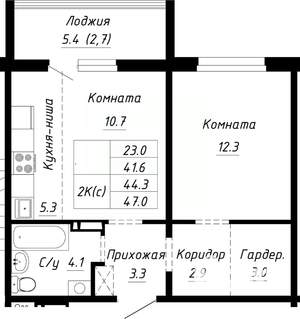 2-к квартира, строящийся дом, 44м2, 6/10 этаж